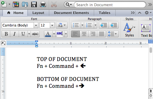 shortcut to reach top pf documentin word for mac